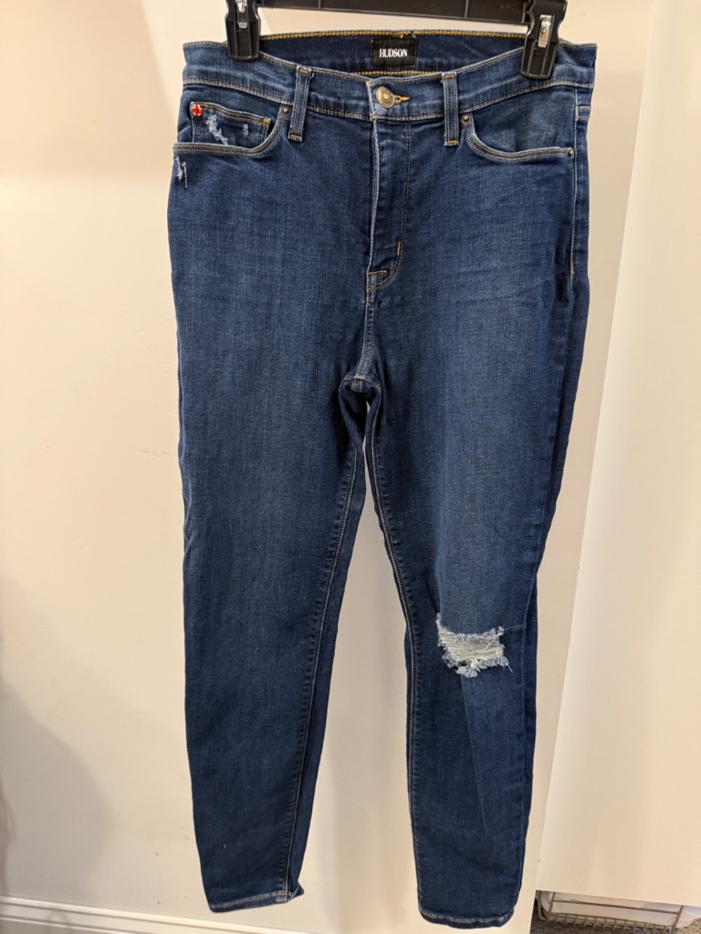 Hudson Jeans Dark Blue Skinny Jeans with Knee Rip